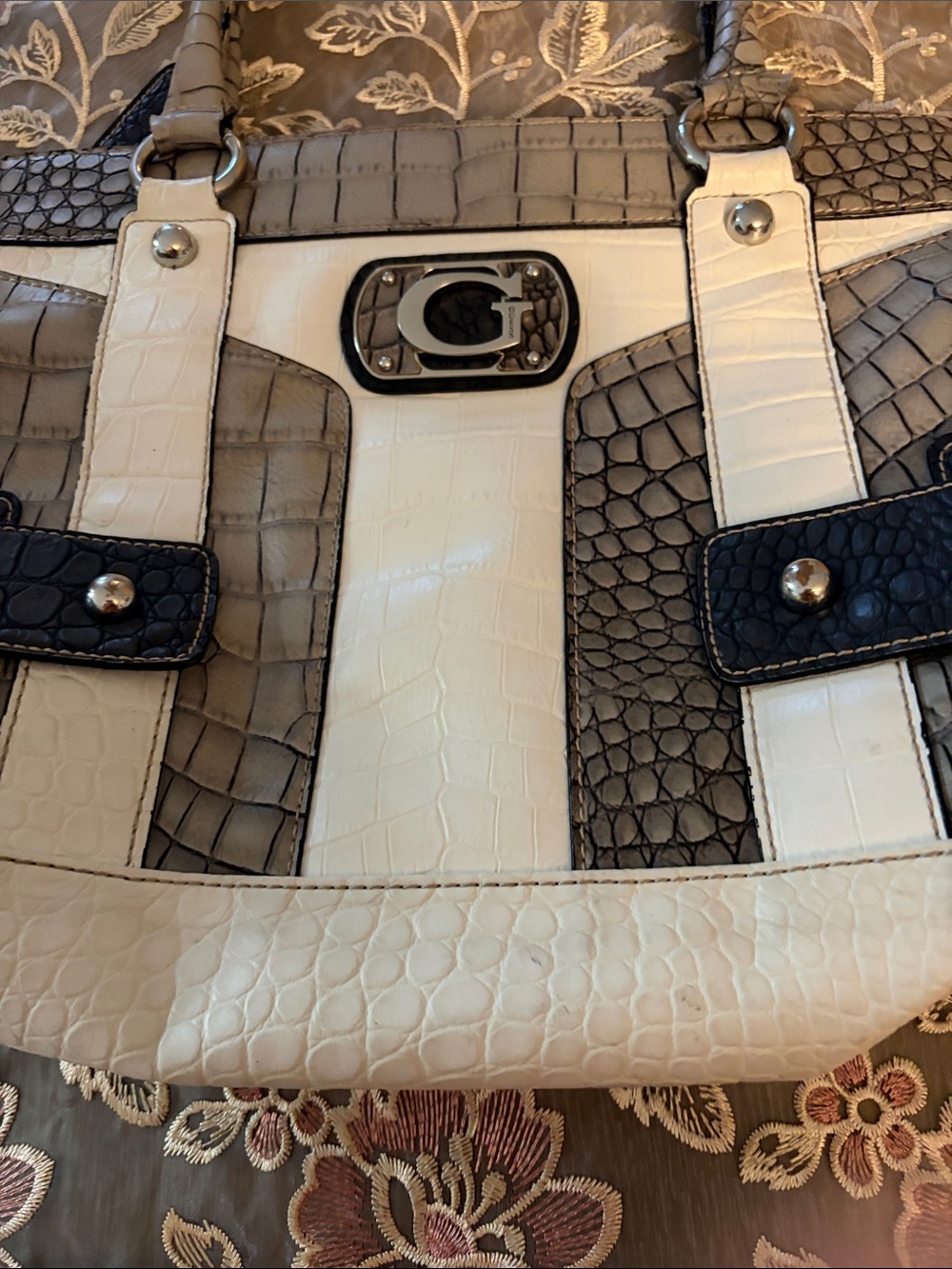 Guess Tri-Tone Faux-Croc Shoulder Bag — Cream, Gray & Black - Picture 13 of 14